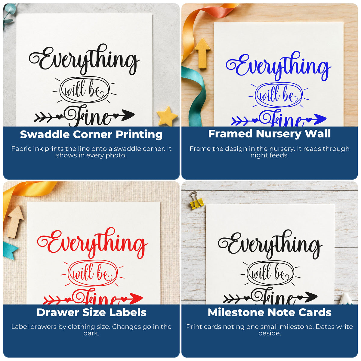 Four ways to use the Everything Will Be Fine Self-Inking Craft Stamp: swaddle corner printing, framed nursery wall, drawer size labels and milestone note cards.