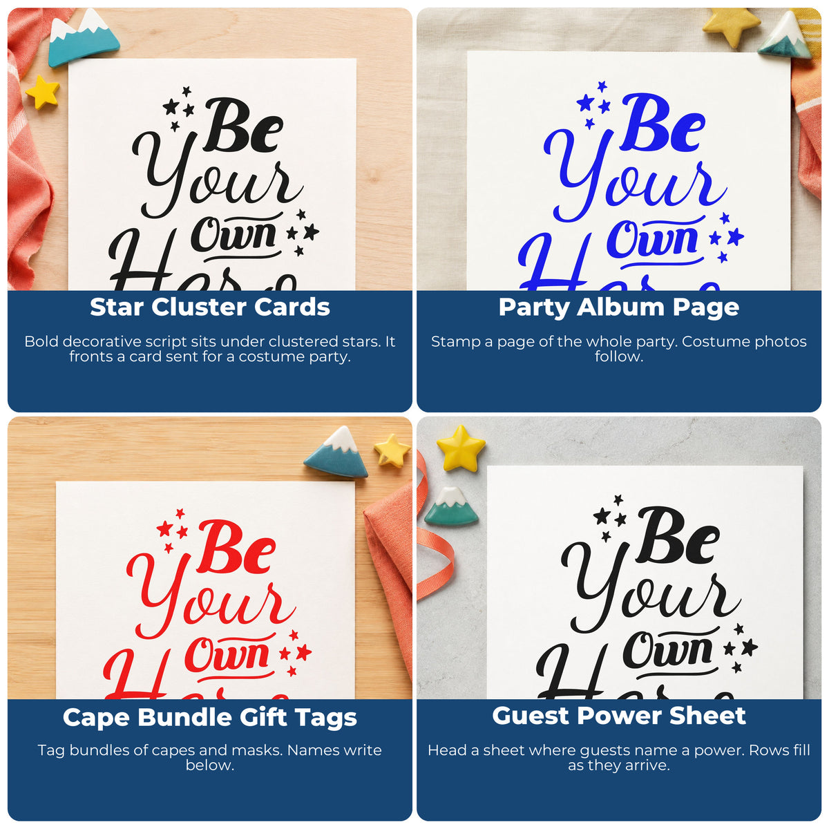 Four ways to use the Be Your Own Hero With Stars Wood-Mounted Rubber Stamp: star cluster cards, party album page, cape bundle gift tags and guest power sheet.