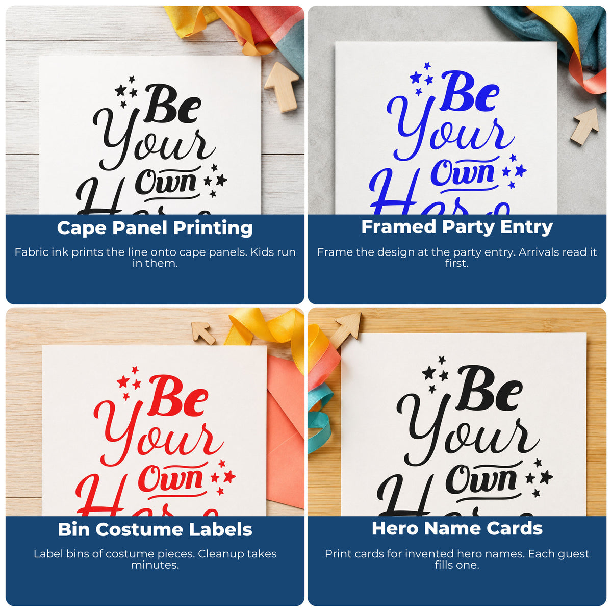 Four ways to use the Be Your Own Hero With Stars Self-Inking Stamp: cape panel printing, framed party entry, bin costume labels and hero name cards.