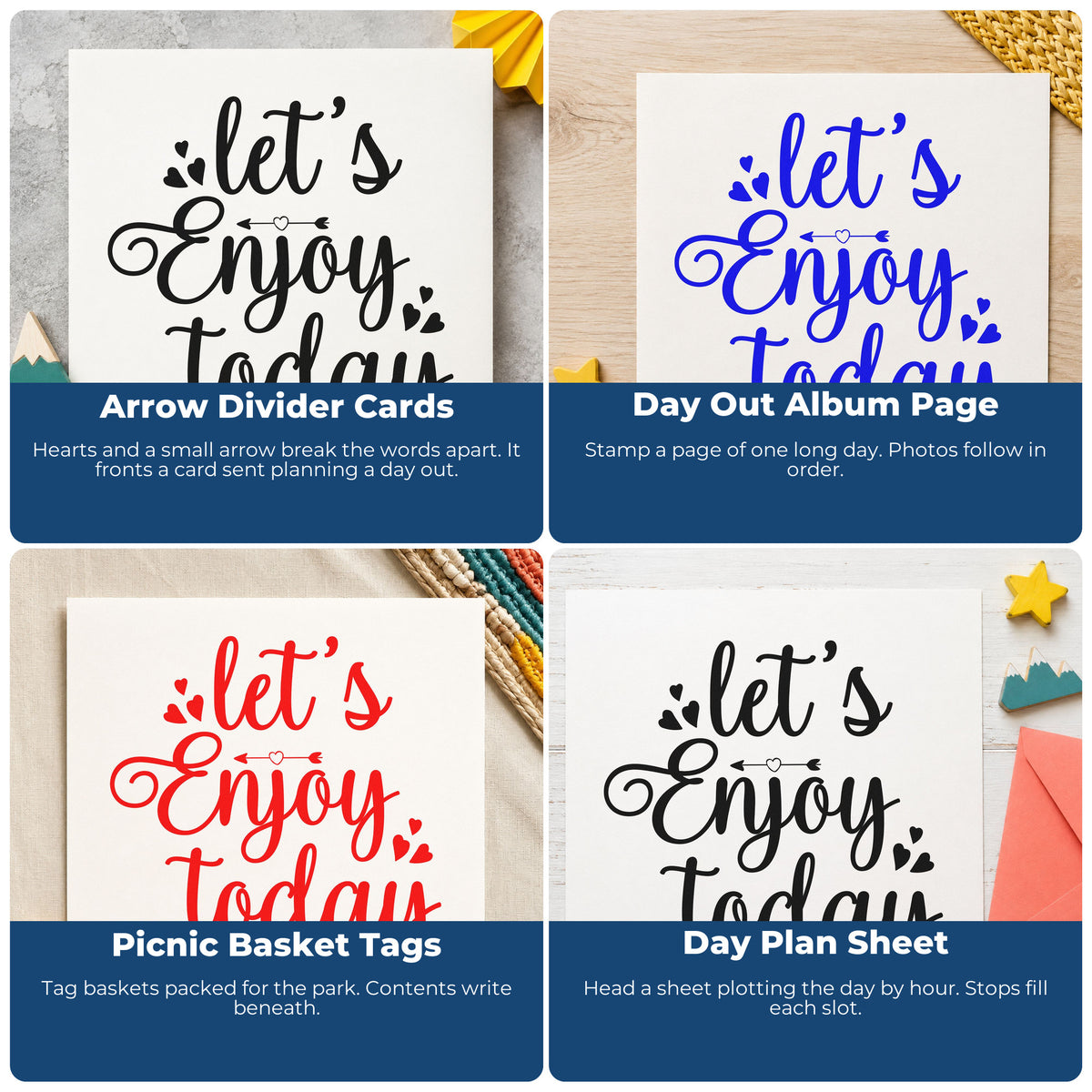 Four ways to use the Vintage Pro Let's Enjoy Today Hearts Premium Wooden Stamp: arrow divider cards, day out album page, picnic basket tags and day plan sheet.