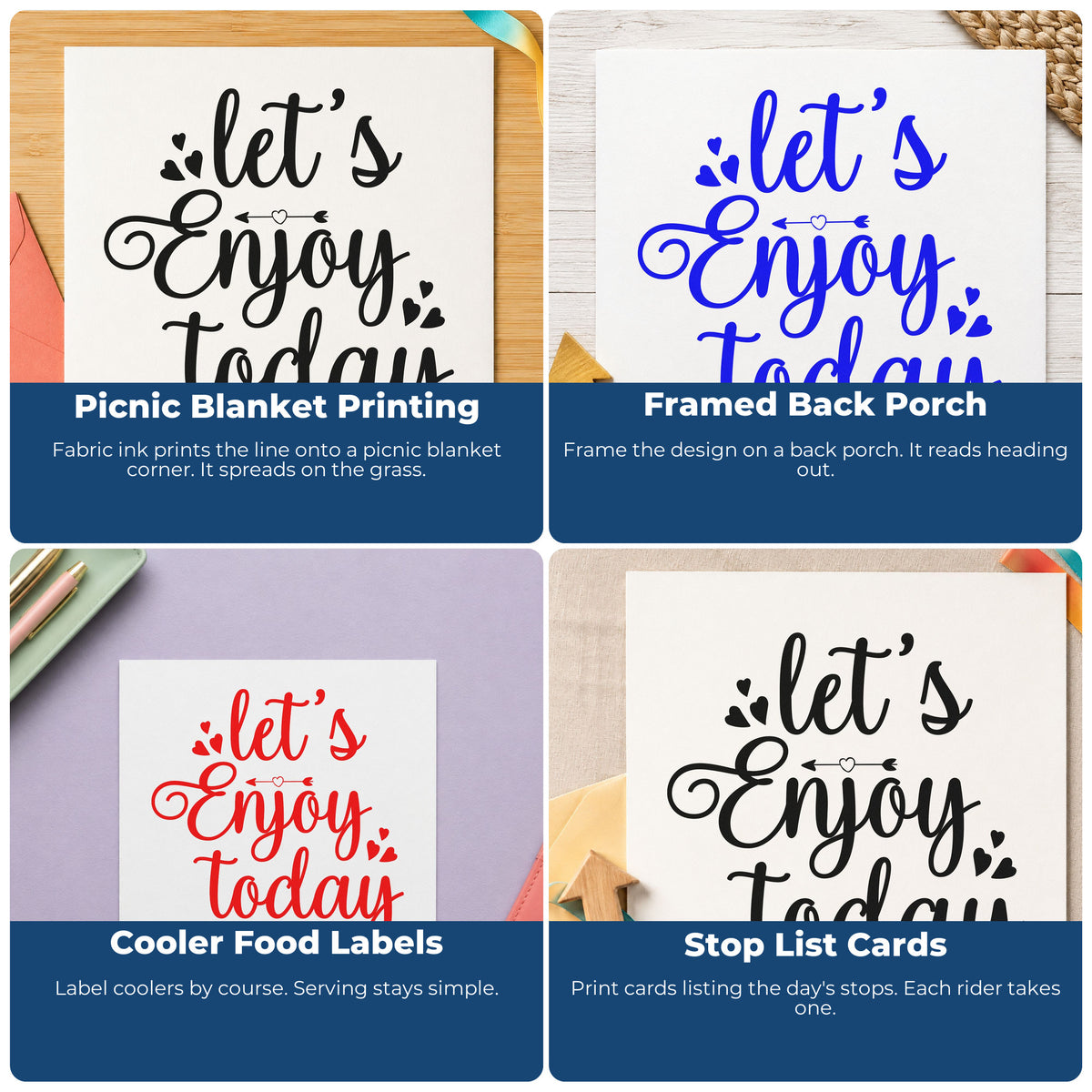 Four ways to use the Let's Enjoy Today Hearts Stamp – Duo Hand: picnic blanket printing, framed back porch, cooler food labels and stop list cards.