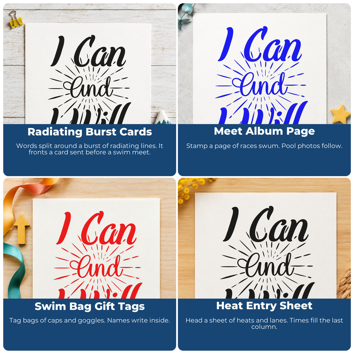 Four ways to use the I Can And I Will Lettering PSI Pre-Inked Stamp: radiating burst cards, meet album page, swim bag gift tags and heat entry sheet.