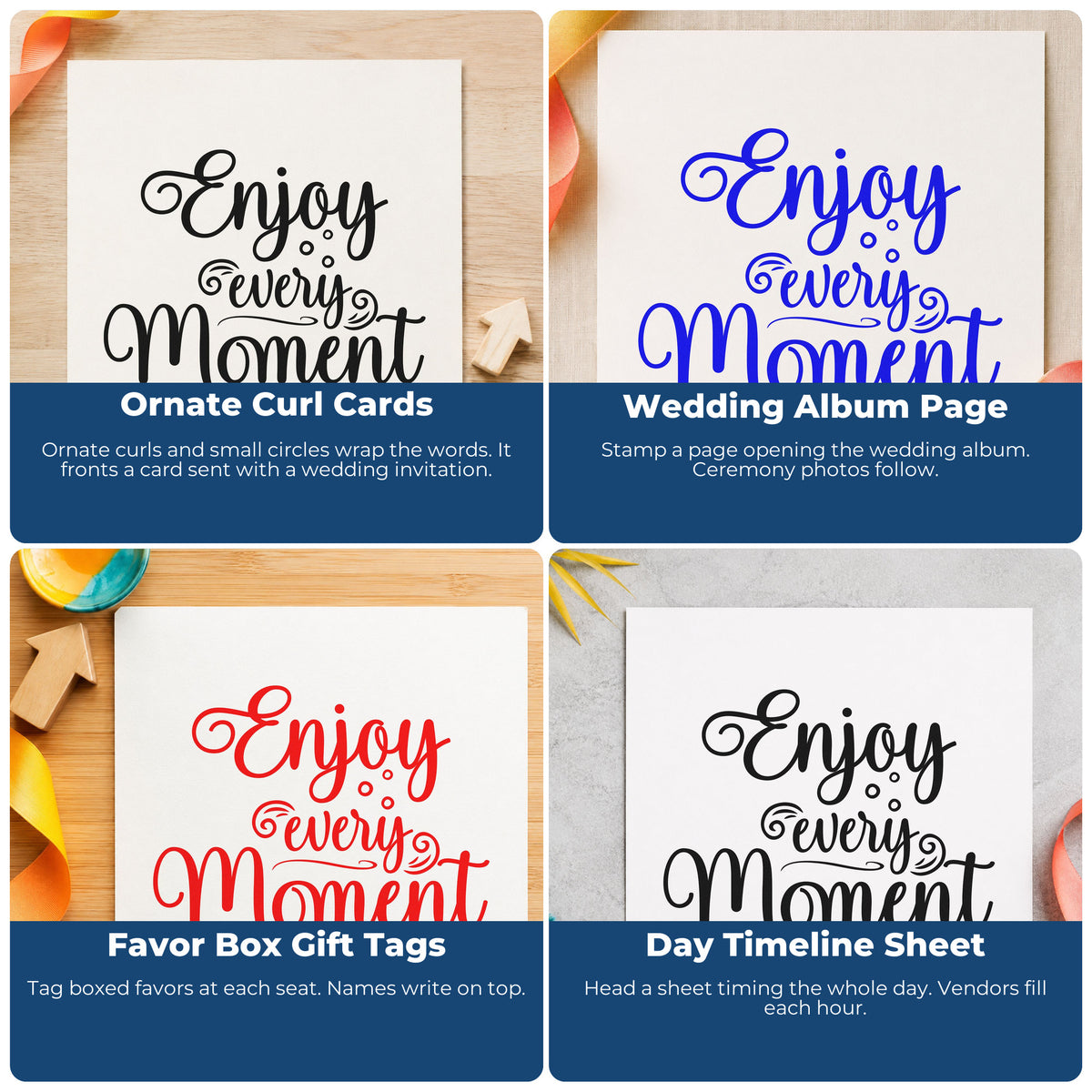 Four ways to use the Enjoy Every Moment Flourishes Premium Wood-Mounted Stamp - Vintage Pro: ornate curl cards, wedding album page, favor box gift tags and day timeline sheet.