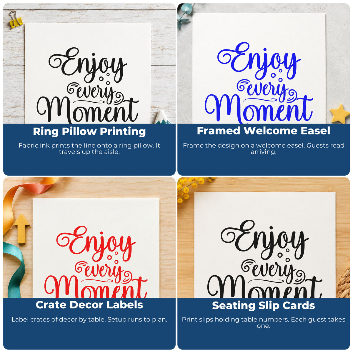 Four ways to use the Enjoy Every Moment Flourishes Premium Wood-Mounted Stamp - Vintage Pro: ring pillow printing, framed welcome easel, crate decor labels and seating slip cards.