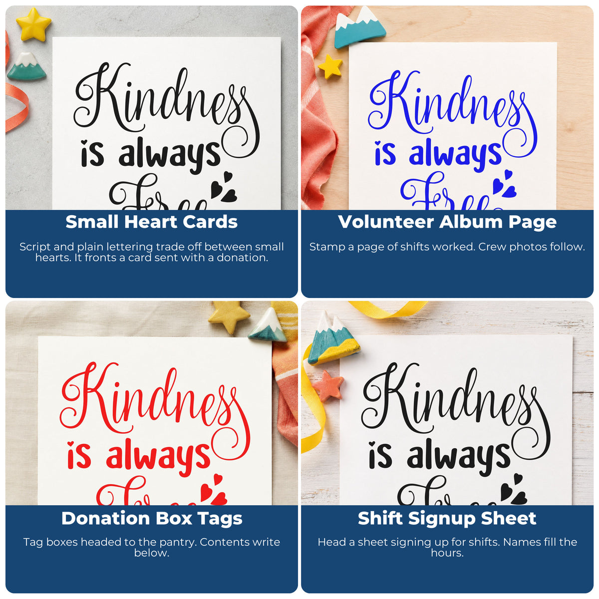 Four ways to use the Kindness Is Always Free With Hearts Hand Stamp – Duo: small heart cards, volunteer album page, donation box tags and shift signup sheet.