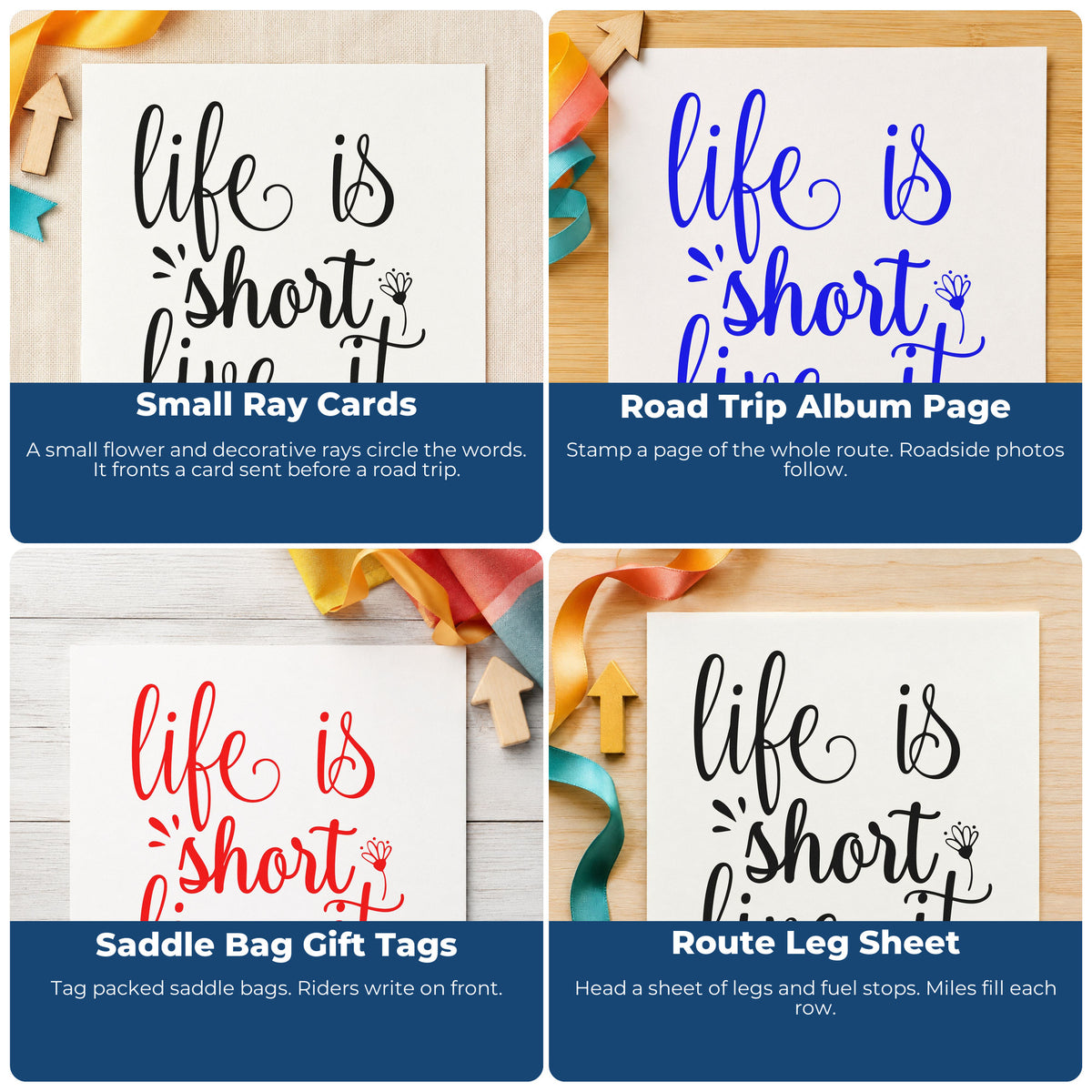 Motivational rubber stamp collage showing scrapbook, cardmaking, journaling and gift tag ideas with uplifting phrases.