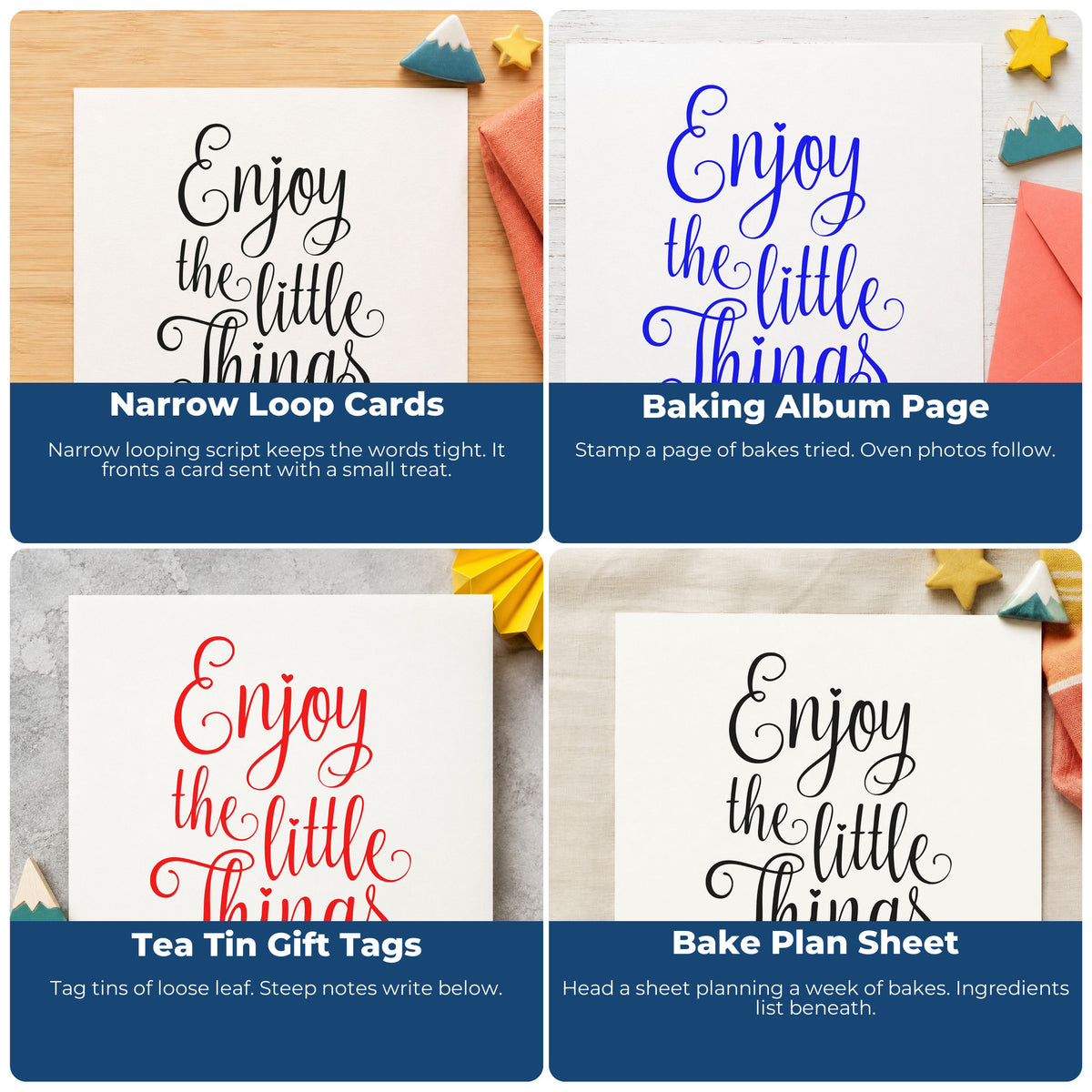 Four ways to use the Enjoy The Little Things Stamp – PSI Pre-Inked: narrow loop cards, baking album page, tea tin gift tags and bake plan sheet.