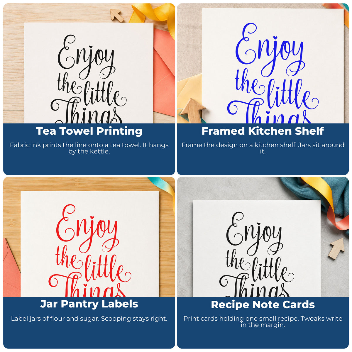 Four ways to use the Enjoy The Little Things Wood Handle Stamp: tea towel printing, framed kitchen shelf, jar pantry labels and recipe note cards.