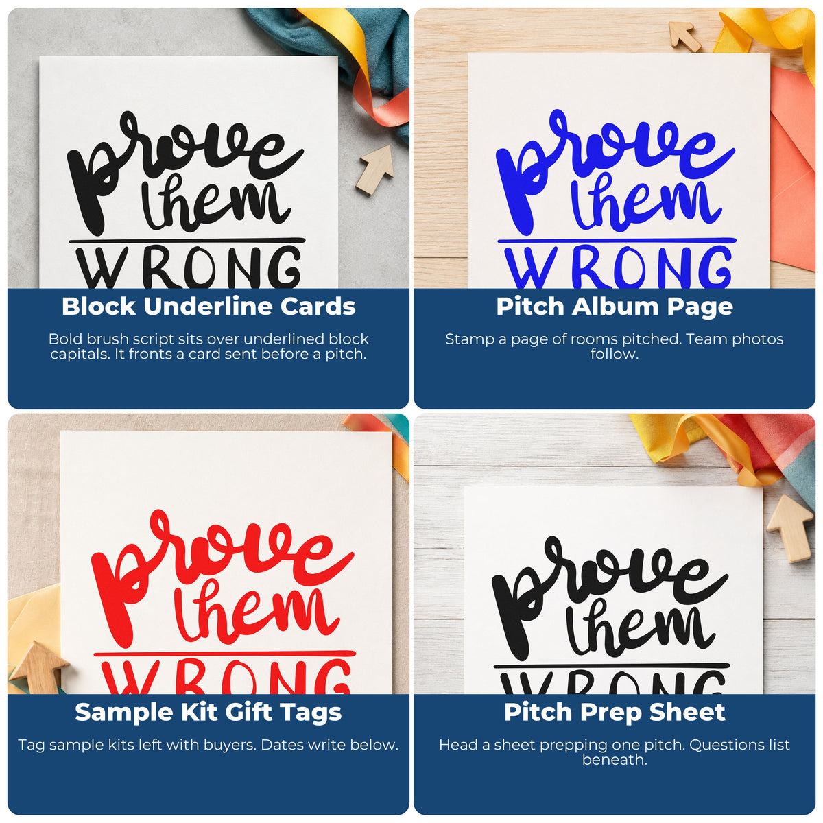 Four ways to use the Prove Them Wrong Stamp - Premium Vintage Pro Wooden: block underline cards, pitch album page, sample kit gift tags and pitch prep sheet.