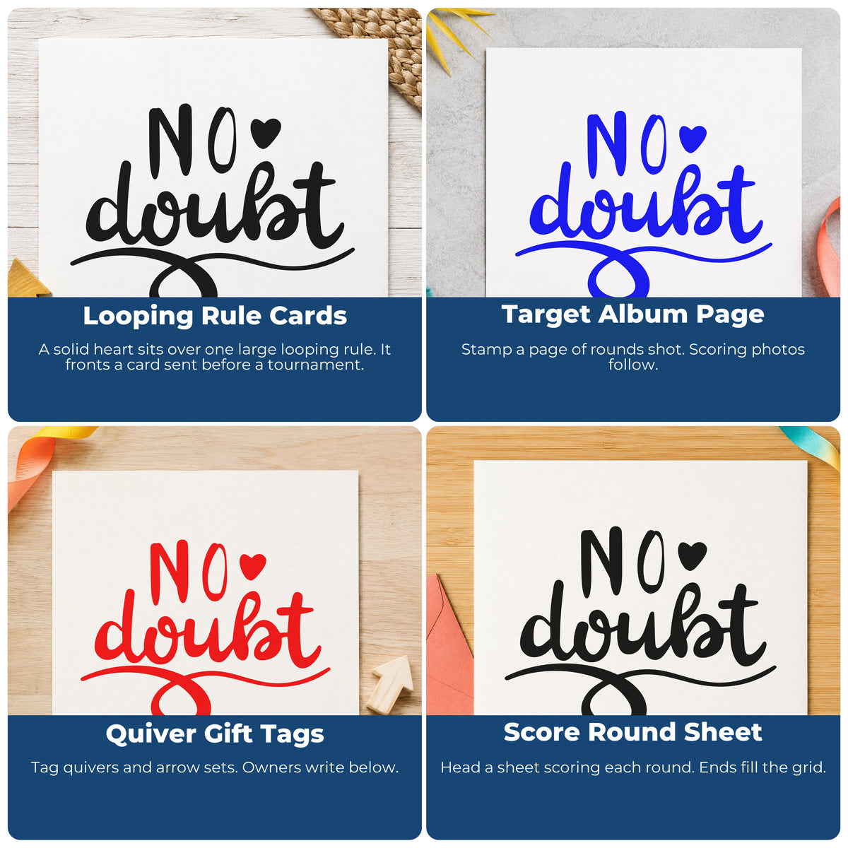 Four ways to use the No Doubt Heart Flourish Self-Inking Stamp: looping rule cards, target album page, quiver gift tags and score round sheet.