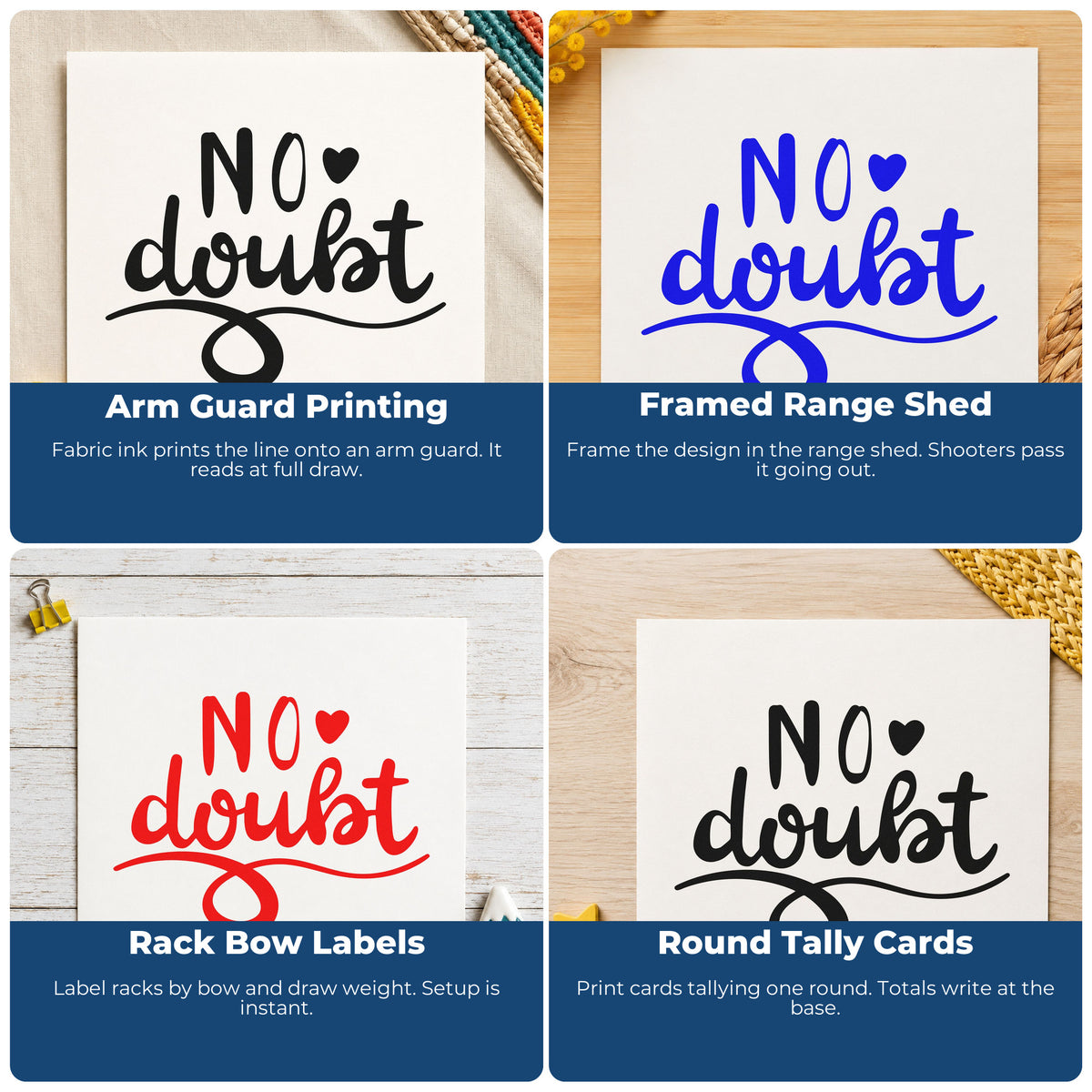Four ways to use the Vintage Pro No Doubt Heart Flourish Premium Wooden Stamp: arm guard printing, framed range shed, rack bow labels and round tally cards.