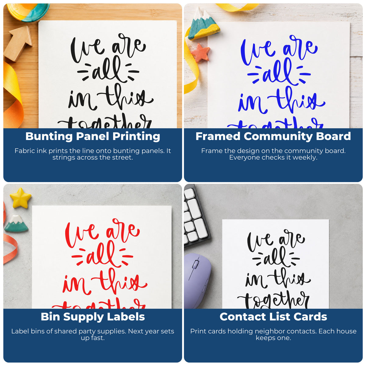 Four ways to use the We Are All In This Together Premium Wood-Mounted Stamp - Vintage Pro: bunting panel printing, framed community board, bin supply labels and contact list cards.