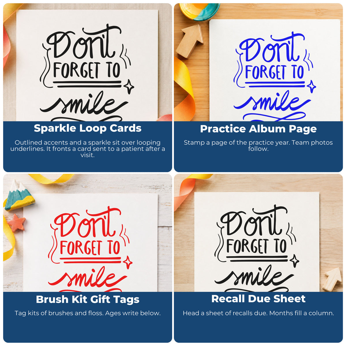 Four ways to use the Don't Forget To Smile With Sparkles PSI Pre-Inked Stamp: sparkle loop cards, practice album page, brush kit gift tags and recall due sheet.