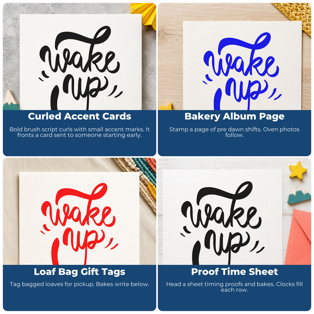Four ways to use the Wake Up Hand Stamp – Duo: curled accent cards, bakery album page, loaf bag gift tags and proof time sheet.