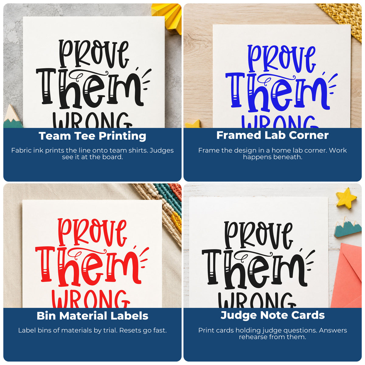 Four ways to use the Prove Them Wrong Decorative Rubber Stamp – Duo Hand: team tee printing, framed lab corner, bin material labels and judge note cards.