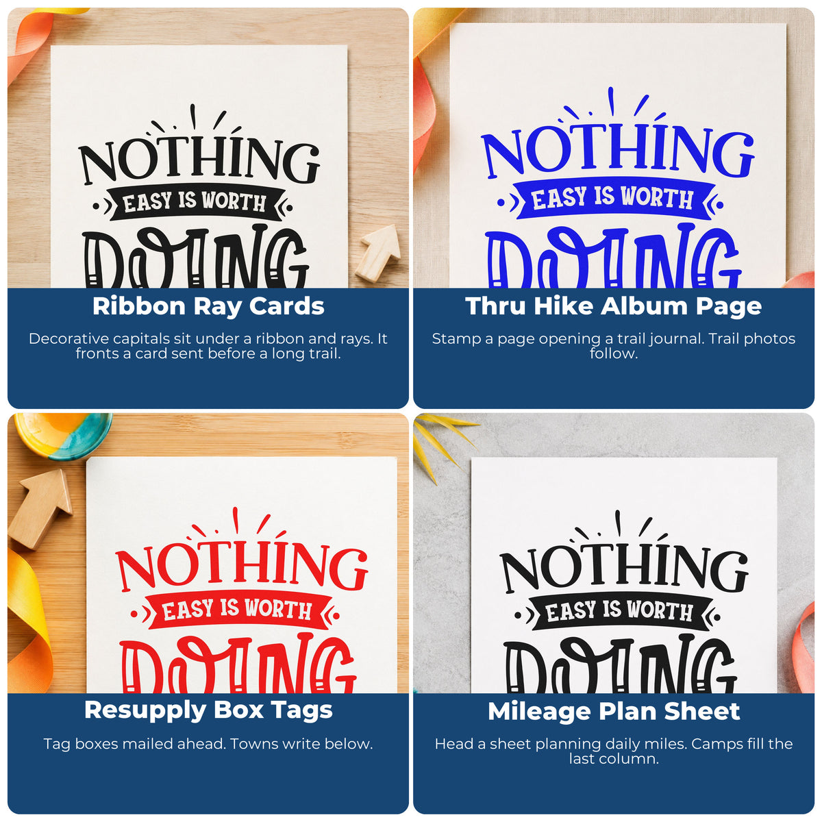 Four ways to use the Premium Wooden Nothing Easy Is Worth Doing Ribbon Lettering Stamp - Vintage Pro: ribbon ray cards, thru hike album page, resupply box tags and mileage plan sheet.