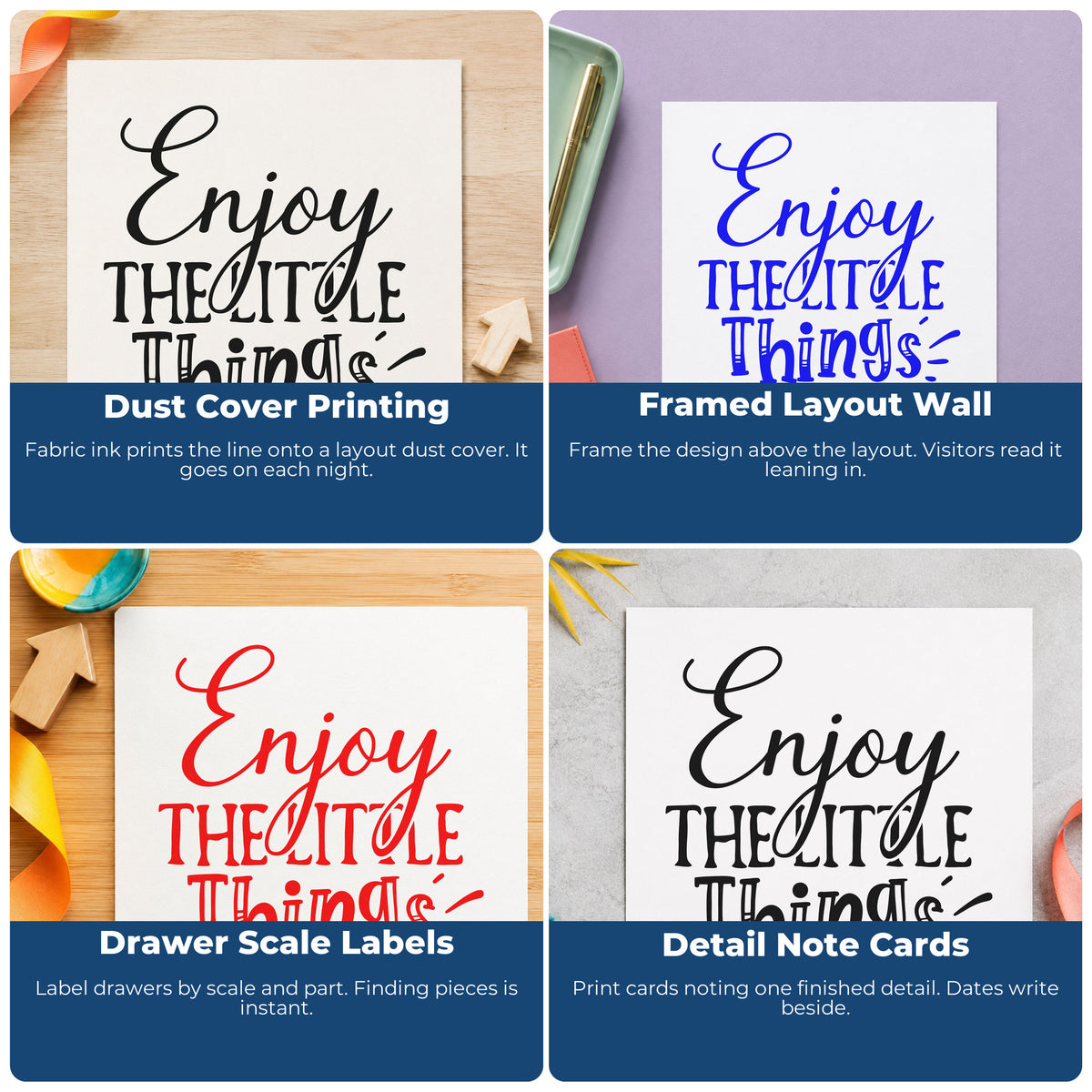 Four ways to use the Duo Hand Enjoy The Little Things Arrow Rubber Stamp: dust cover printing, framed layout wall, drawer scale labels and detail note cards.