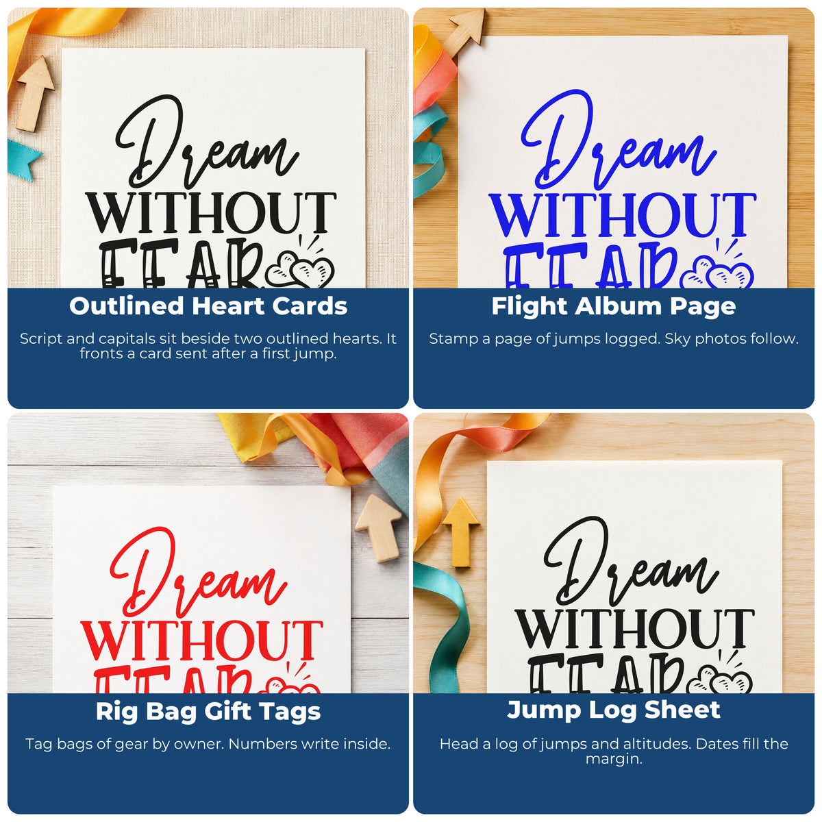 Four ways to use the Dream Without Fear Stamp – Self-Inking: outlined heart cards, flight album page, rig bag gift tags and jump log sheet.