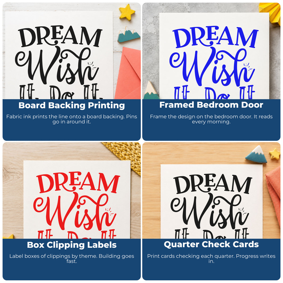 Four ways to use the Dream Wish Do It Premium Wooden Stamp - Vintage Pro: board backing printing, framed bedroom door, box clipping labels and quarter check cards.
