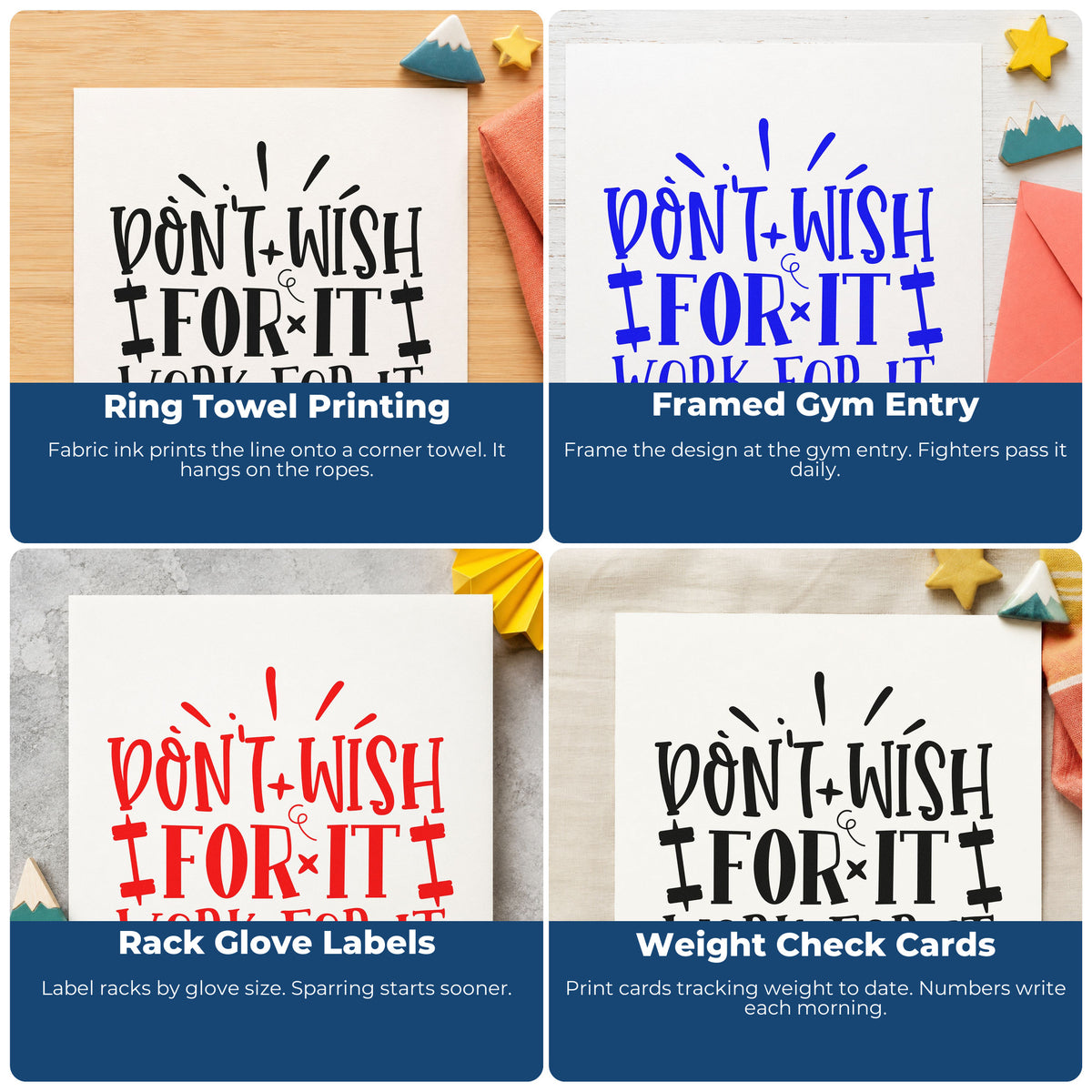 Four ways to use the Don't Wish Work For It Stamp – Duo Hand: ring towel printing, framed gym entry, rack glove labels and weight check cards.