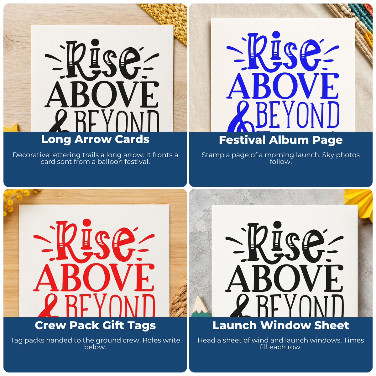 Four ways to use the Rise Above And Beyond Pre-Inked Stamp – PSI: long arrow cards, festival album page, crew pack gift tags and launch window sheet.