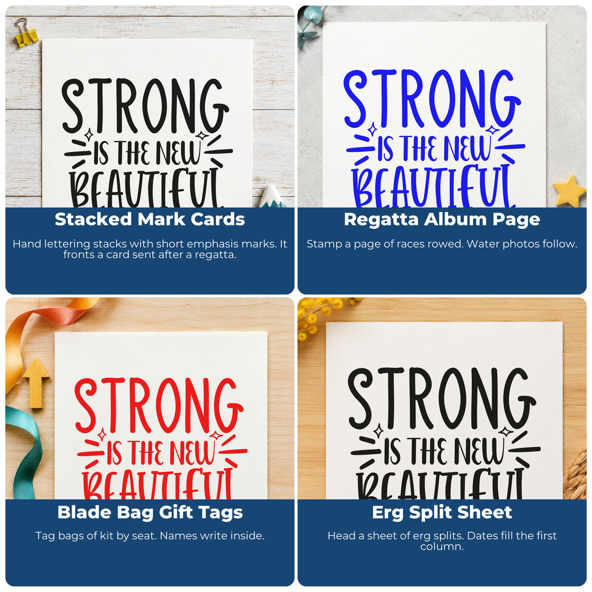 Four ways to use the Strong New Beautiful Lettering Stamp – Self-Inking: stacked mark cards, regatta album page, blade bag gift tags and erg split sheet.