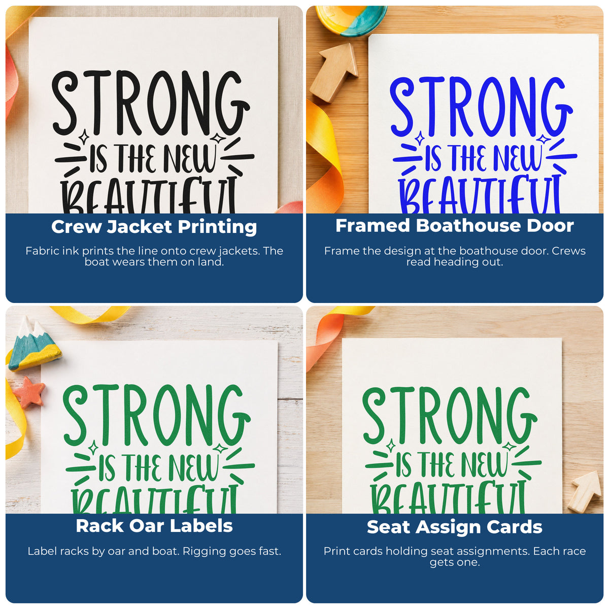 Four ways to use the Wood Handle Strong New Beautiful Lettering Rubber Stamp: crew jacket printing, framed boathouse door, rack oar labels and seat assign cards.