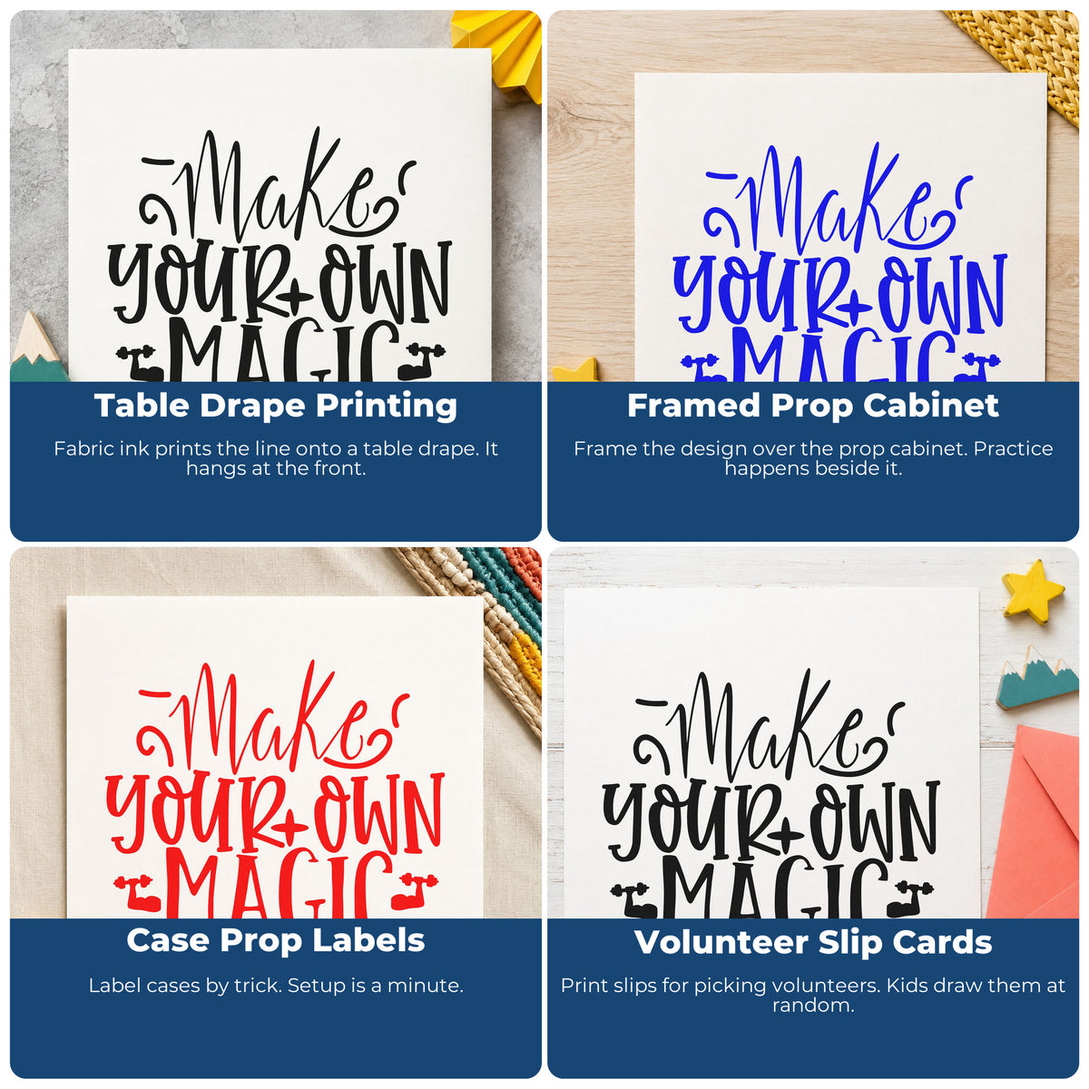Four ways to use the Make Your Own Magic Script Lettering Stamp – Slim Pre-Inked: table drape printing, framed prop cabinet, case prop labels and volunteer slip cards.