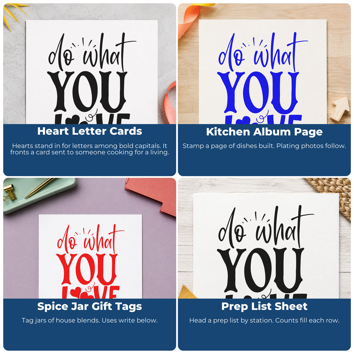 Four ways to use the Do What You Love Hearts Premium Wood-Mounted Stamp - Vintage Pro: heart letter cards, kitchen album page, spice jar gift tags and prep list sheet.
