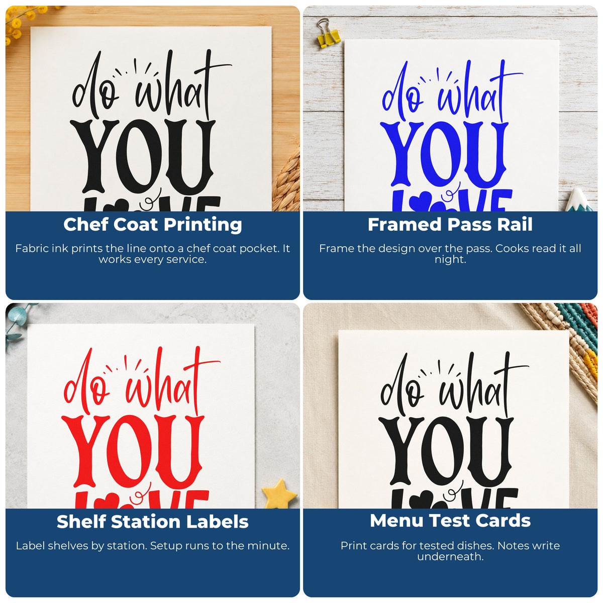 Four ways to use the Do What You Love Hearts Pre-Inked Stamp – PSI: chef coat printing, framed pass rail, shelf station labels and menu test cards.