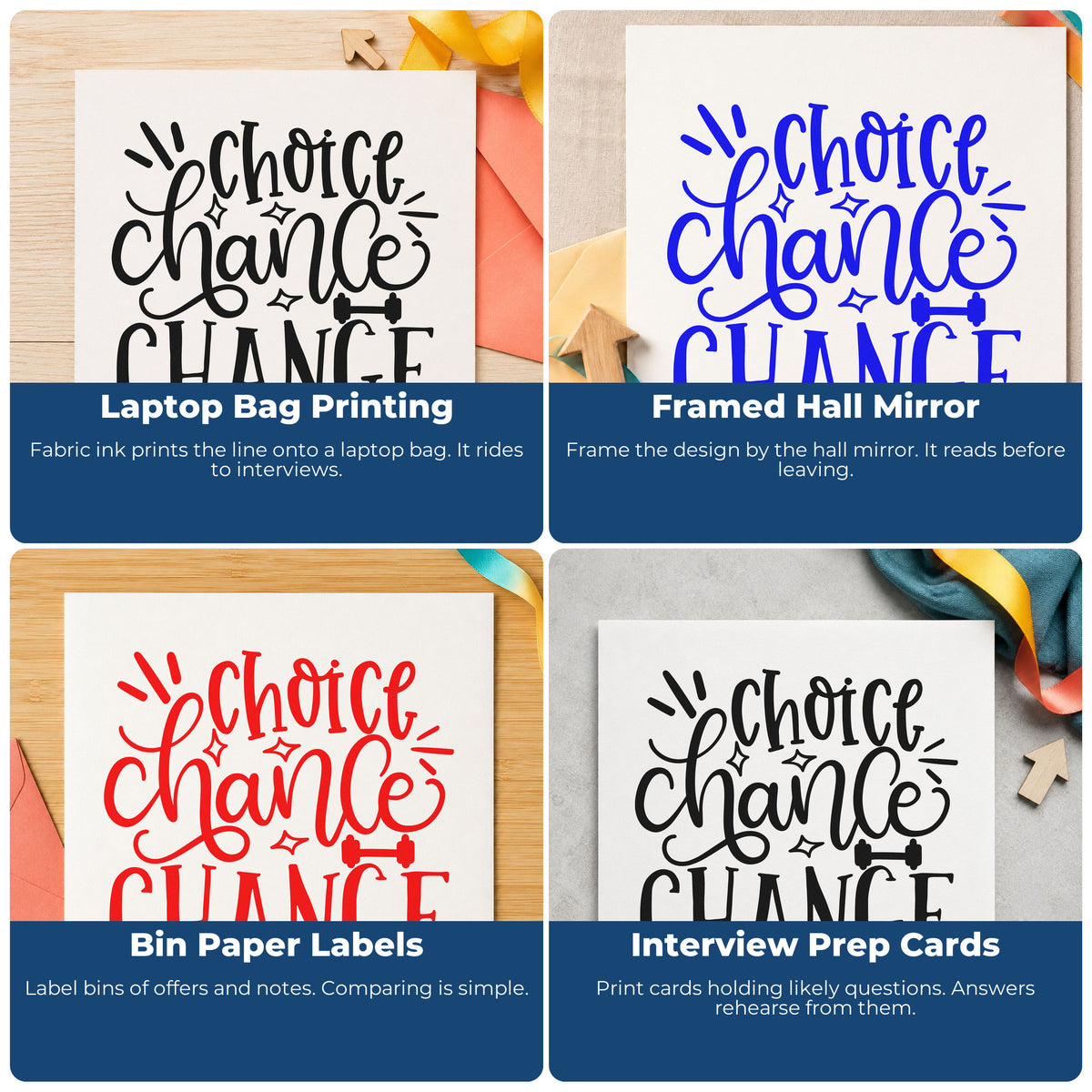 Four ways to use the Choice Chance Change Lettering Premium Wooden Stamp - Vintage Pro: laptop bag printing, framed hall mirror, bin paper labels and interview prep cards.