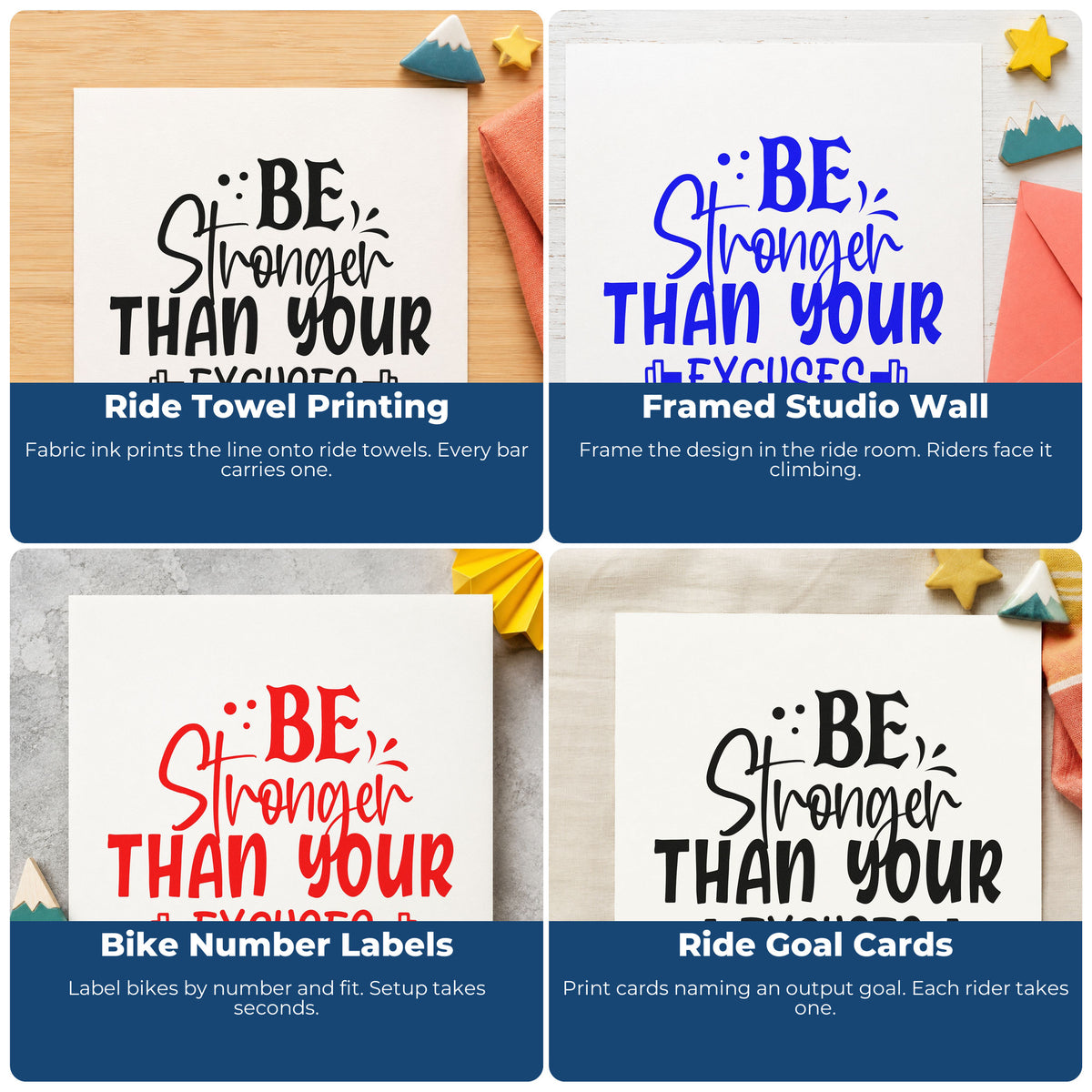 Four ways to use the Be Stronger Than Excuses Dumbbells Lettering Rubber Stamp – Wood Handle: ride towel printing, framed studio wall, bike number labels and ride goal cards.