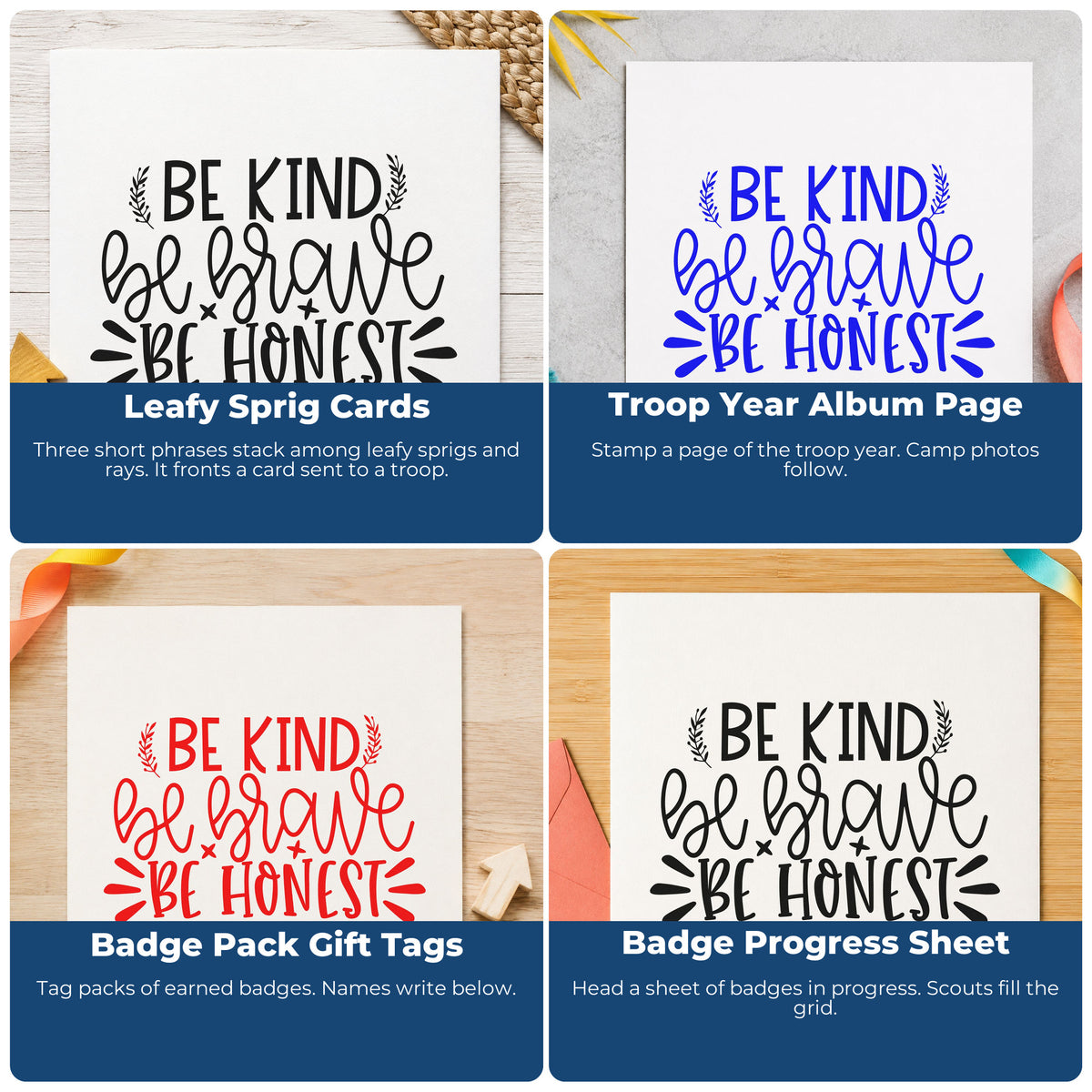Four ways to use the Be Kind Brave Honest Premium Wooden Stamp - Vintage Pro: leafy sprig cards, troop year album page, badge pack gift tags and badge progress sheet.