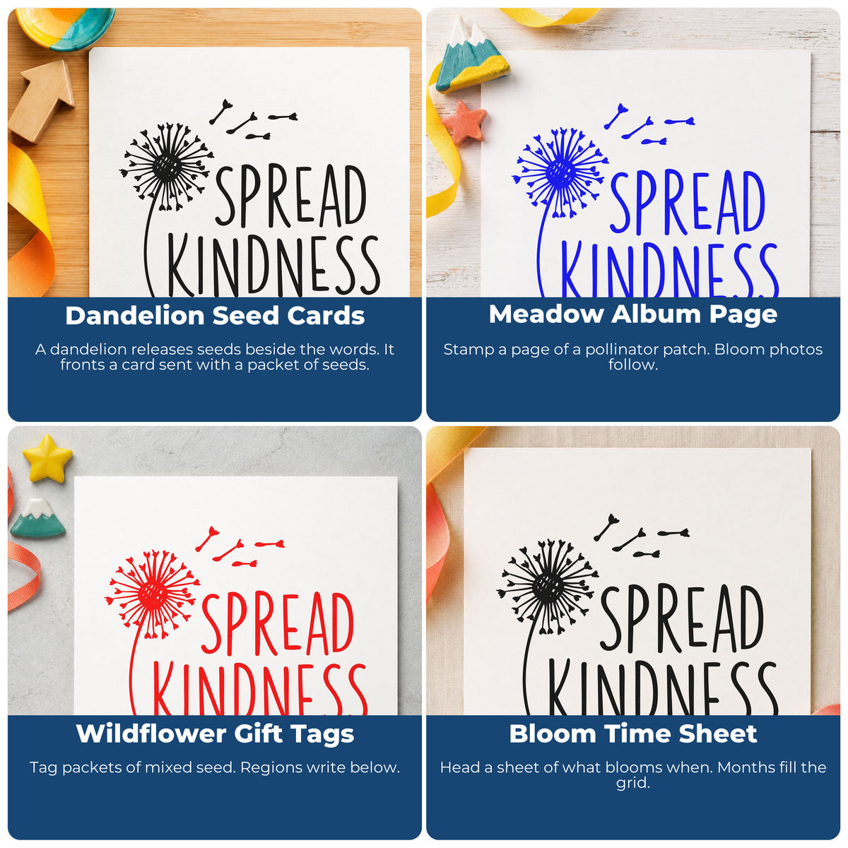 Four ways to use the Spread Kindness Dandelion Seeds Lettering Duo Hand Stamp: dandelion seed cards, meadow album page, wildflower gift tags and bloom time sheet.