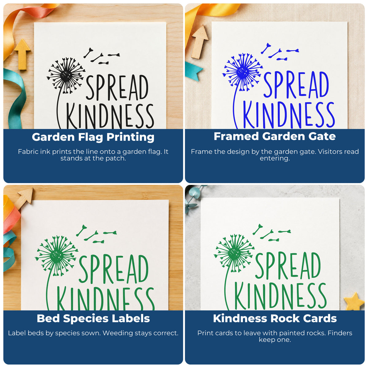 Four ways to use the Spread Kindness Dandelion Seeds Lettering Duo Hand Stamp: garden flag printing, framed garden gate, bed species labels and kindness rock cards.
