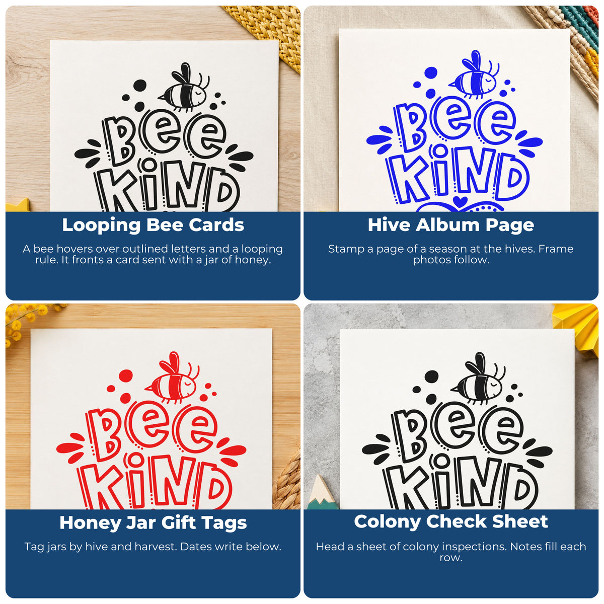 Four ways to use the Bee Kind Outlined Lettering With Bee Self-Inking Stamp: looping bee cards, hive album page, honey jar gift tags and colony check sheet.