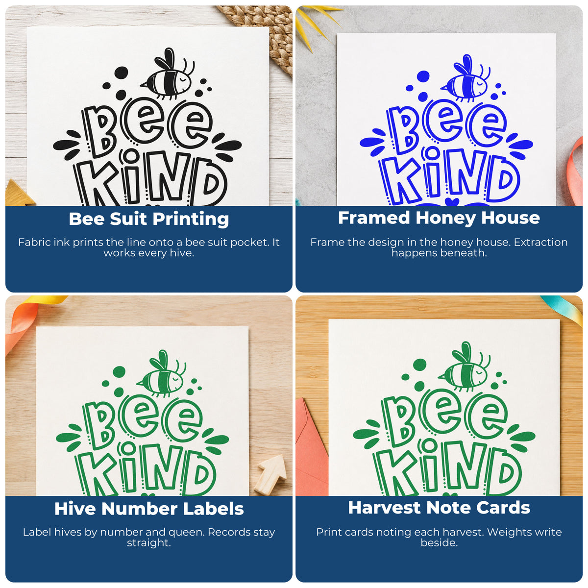 Four ways to use the Bee Kind Outlined Lettering With Bee Self-Inking Stamp: bee suit printing, framed honey house, hive number labels and harvest note cards.