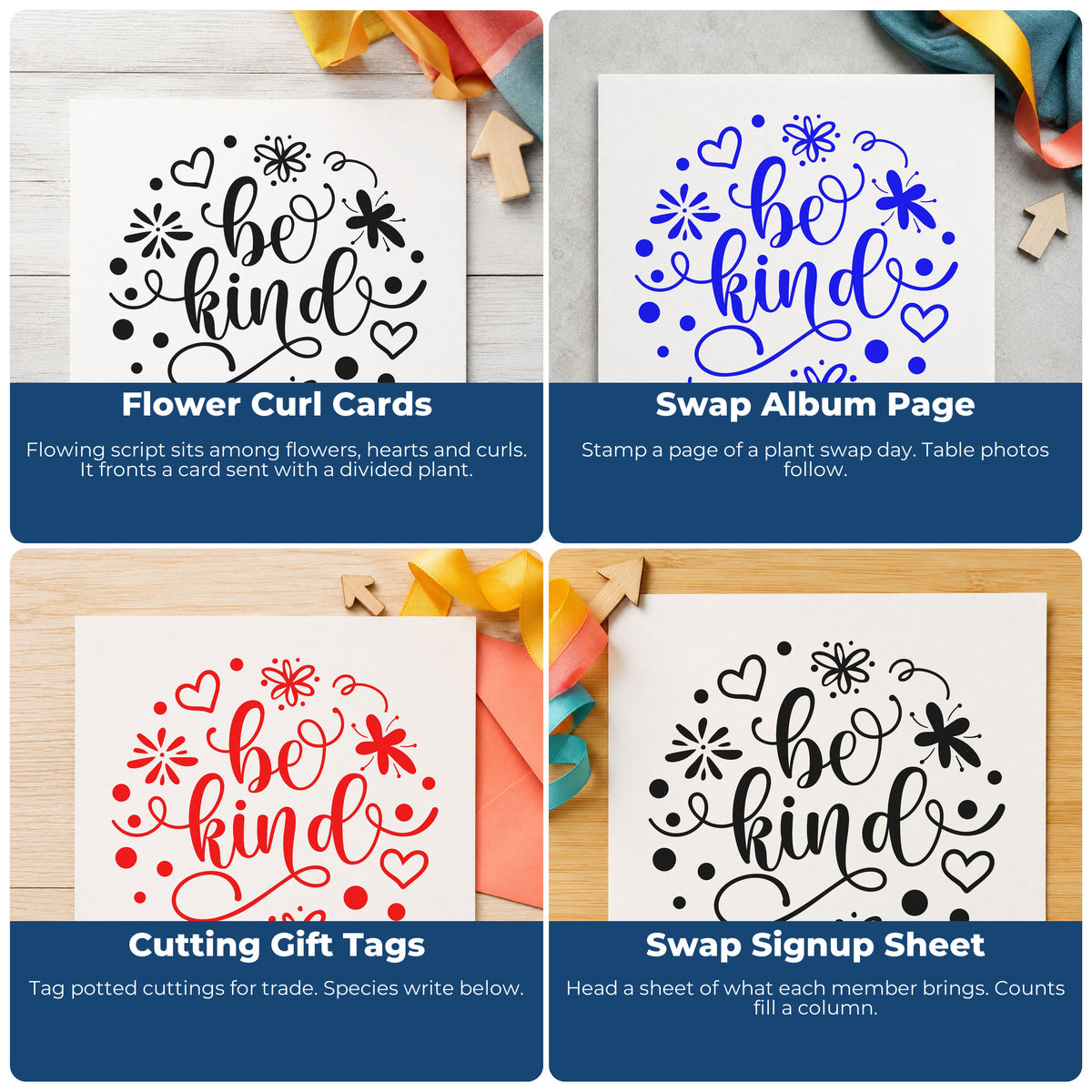 Four ways to use the Be Kind Floral Accents Rubber Stamp – Duo Hand: flower curl cards, swap album page, cutting gift tags and swap signup sheet.