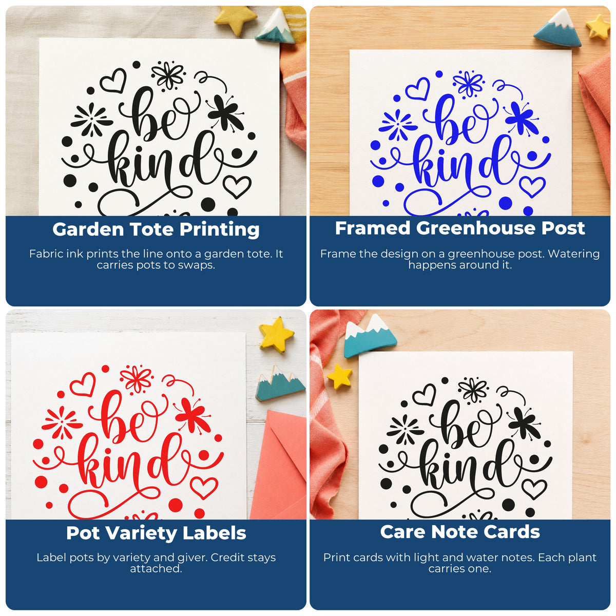 Four ways to use the Be Kind Floral Accents Pre-Inked Stamp – Slim: garden tote printing, framed greenhouse post, pot variety labels and care note cards.