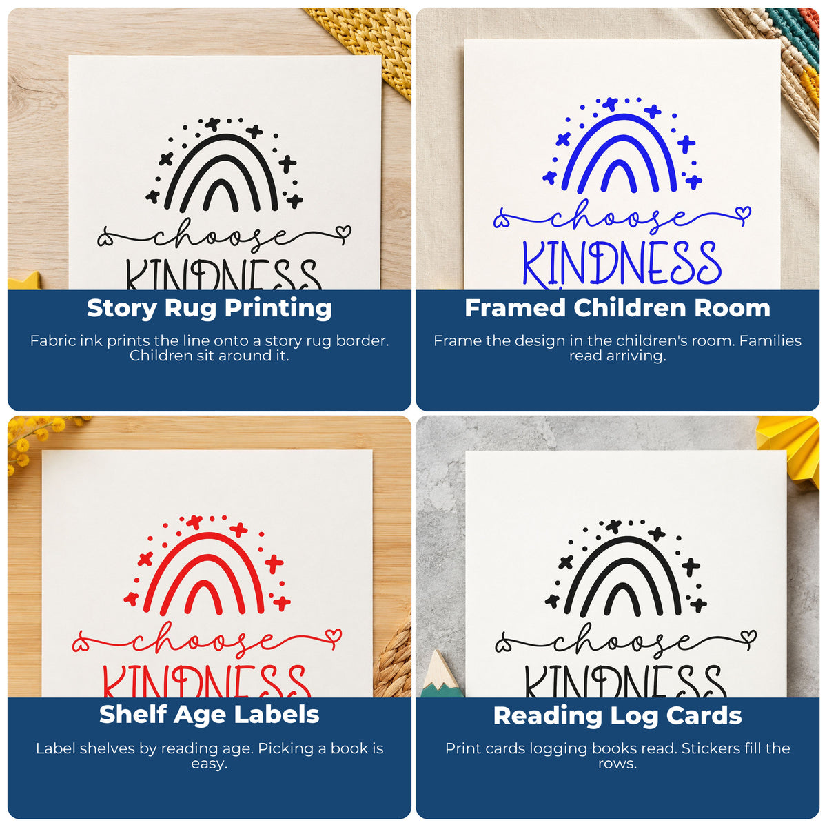 Four ways to use the Duo Hand Choose Kindness Starry Rainbow Rubber Stamp: story rug printing, framed children room, shelf age labels and reading log cards.