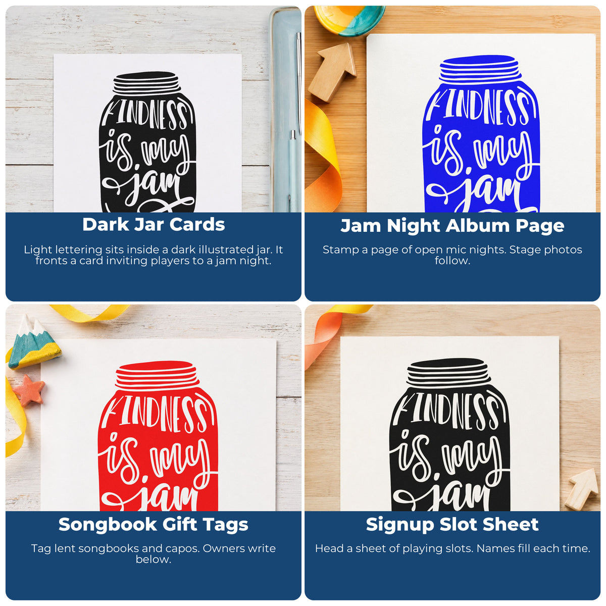 Four ways to use the Kindness Is My Jam Jar Lettering Premium Wooden Stamp - Vintage Pro: dark jar cards, jam night album page, songbook gift tags and signup slot sheet.