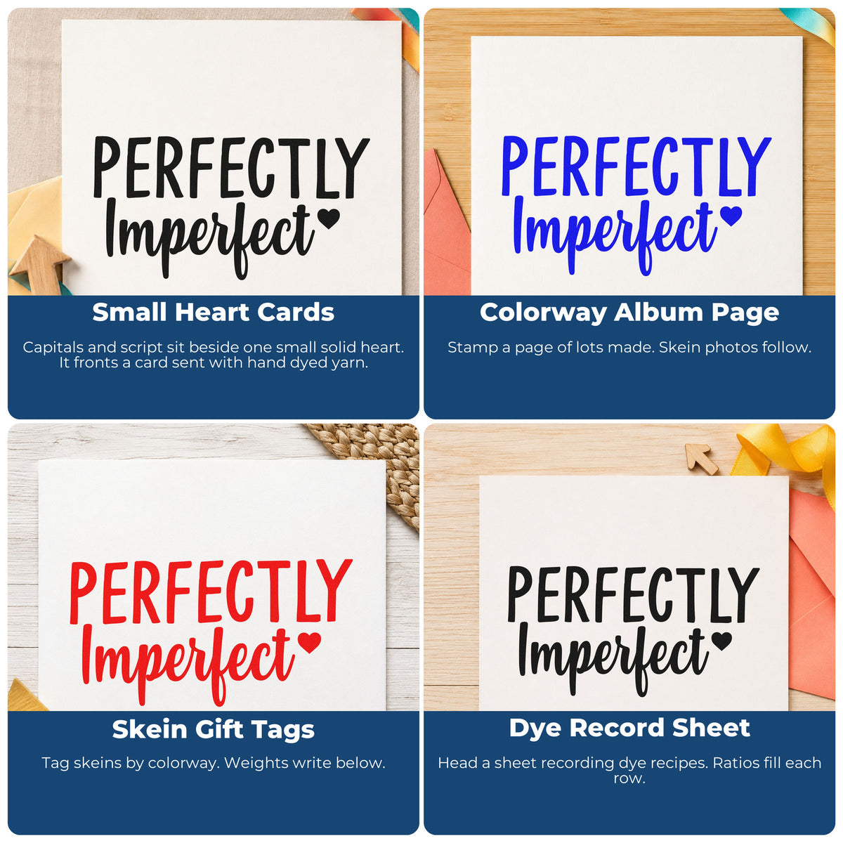 Four ways to use the Perfectly Imperfect Small Heart Pre-Inked Stamp – PSI: small heart cards, colorway album page, skein gift tags and dye record sheet.