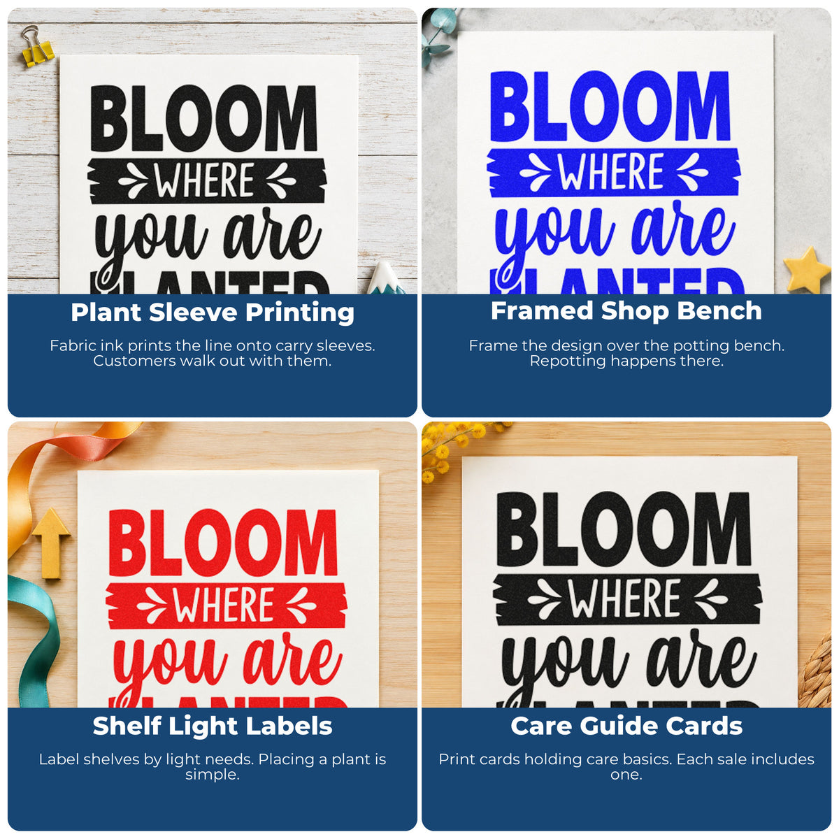 Four ways to use the Bloom Where You Are Planted Botanical Lettering Pre-Inked Stamp – Slim: plant sleeve printing, framed shop bench, shelf light labels and care guide cards.