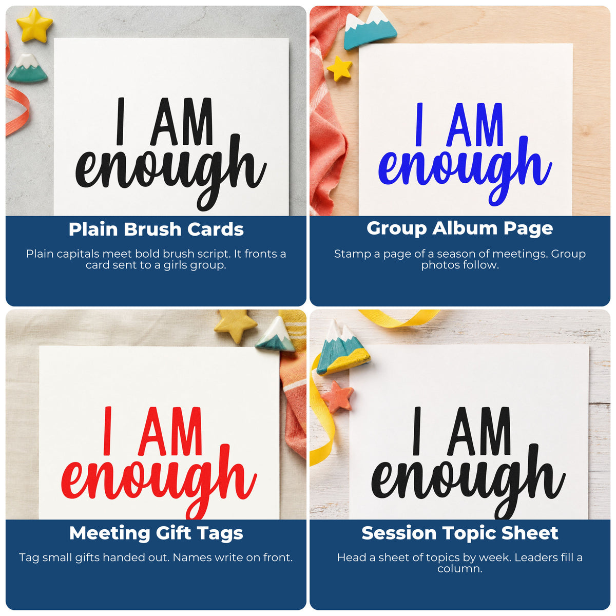 Four ways to use the I Am Enough Lettering Rubber Stamp – Wood Handle: plain brush cards, group album page, meeting gift tags and session topic sheet.