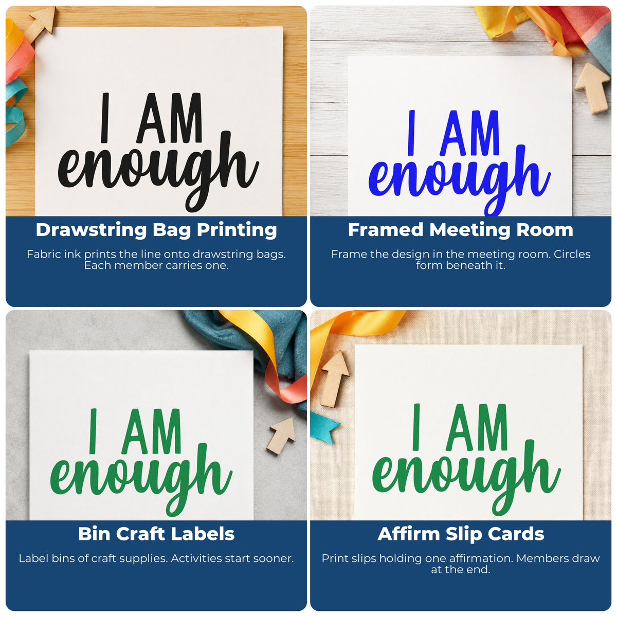 Four ways to use the Vintage Pro I Am Enough Lettering Premium Wooden Stamp: drawstring bag printing, framed meeting room, bin craft labels and affirm slip cards.