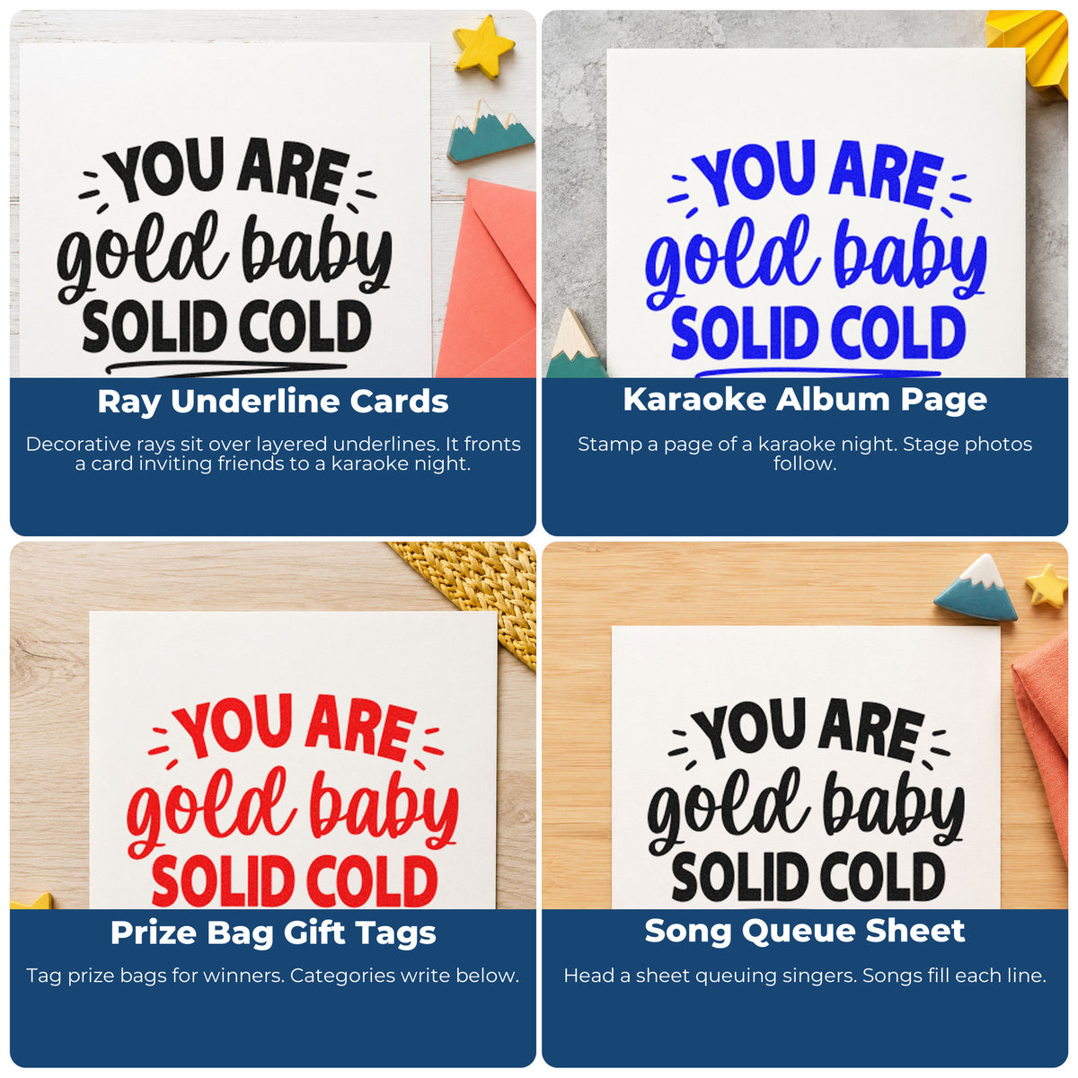 Four ways to use the You Are Solid Gold Pre-Inked Stamp – Slim: ray underline cards, karaoke album page, prize bag gift tags and song queue sheet.