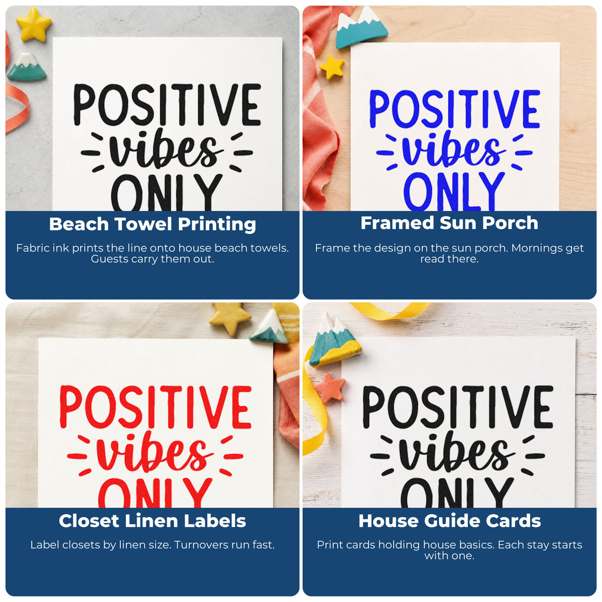 Four ways to use the Positive Vibes Only Rays Lettering PSI Pre-Inked Stamp: beach towel printing, framed sun porch, closet linen labels and house guide cards.