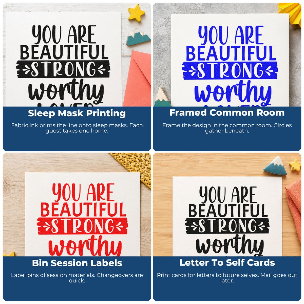 Four ways to use the Beautiful Strong Worthy Loved Rubber Stamp – Duo Hand: sleep mask printing, framed common room, bin session labels and letter to self cards.