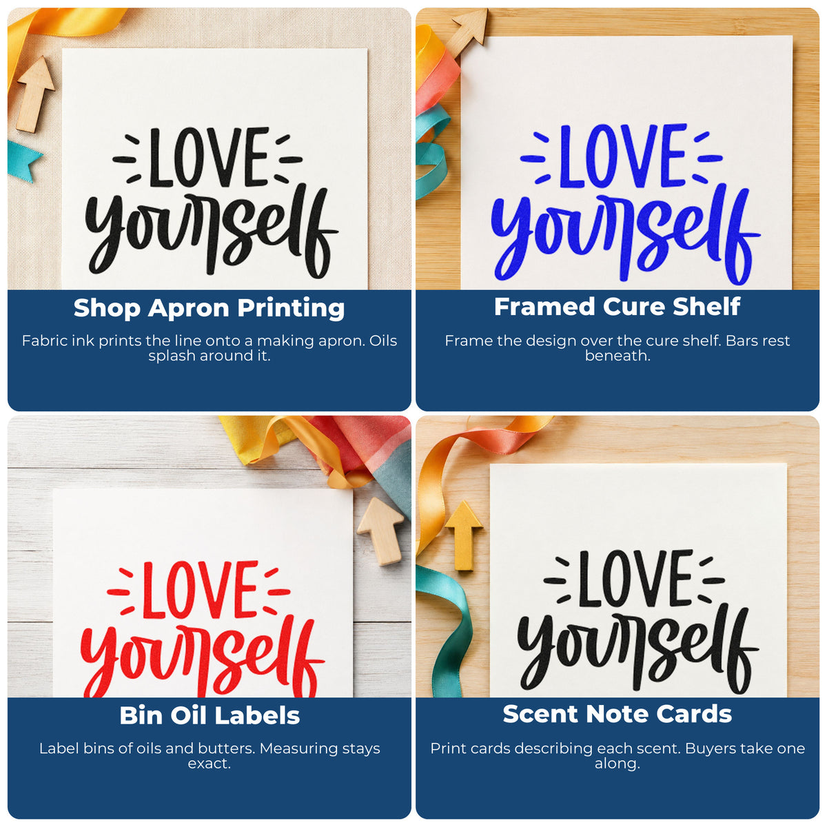 Four ways to use the Love Yourself Bold Script Premium Wooden Stamp - Vintage Pro: shop apron printing, framed cure shelf, bin oil labels and scent note cards.