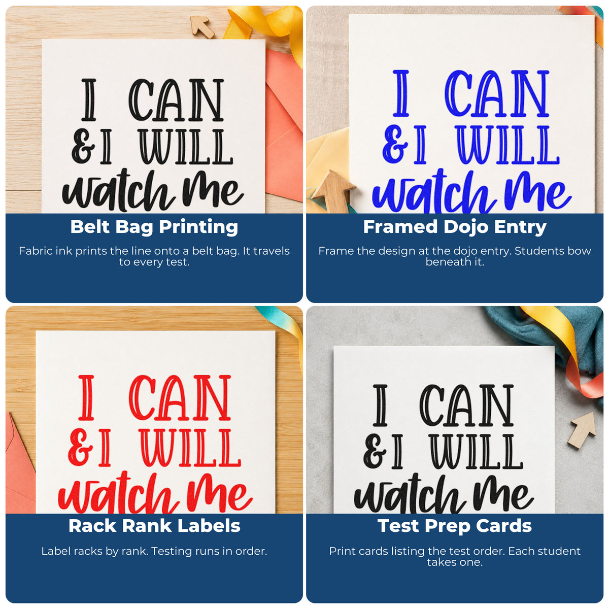 Four ways to use the I Can I Will Watch Me Slim Pre-Inked Stamp: belt bag printing, framed dojo entry, rack rank labels and test prep cards.